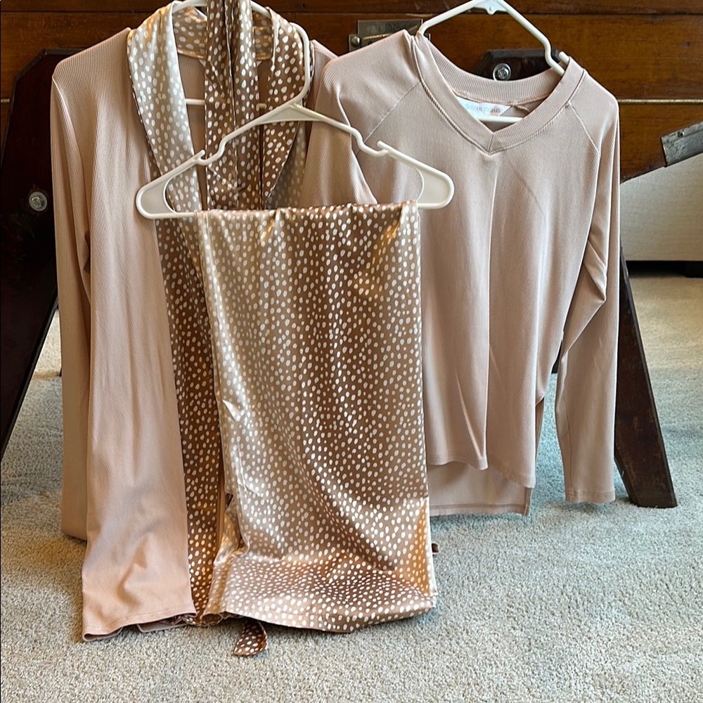 Robe, long sleeve top and pajama pants selling as set color is peachy taupe.